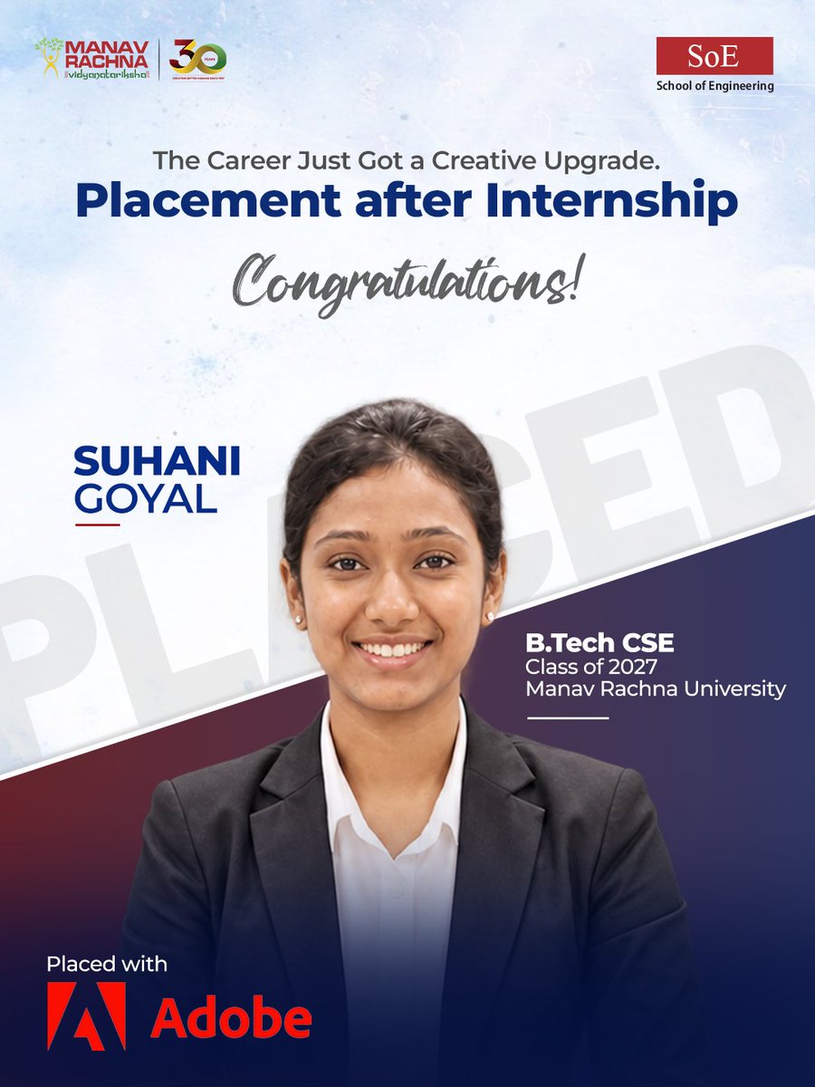manav_rachna's tweet photo. Some offer letters along with opening doors also make you realise how far you’ve come.

Suhani, your journey from the classrooms of Manav Rachna to a career with Adobe is a milestone worth owning.

From mastering code to making it to one of the world’s most iconic technology companies, this is what happens when talent meets the right learning ecosystem, industry exposure, and the drive to keep building.

At Manav Rachna University, we’re proud to see our students turn their technical skills and ambition into opportunities with leading global organisations.

Today, Suhani has her name on an Adobe offer letter.
Tomorrow, it could be yours.

#ManavRachna #SchoolOfEngineering
