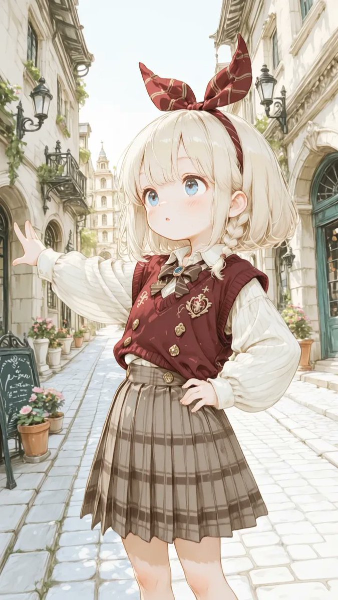 AliceLavli's tweet photo. 秋のプレッピースタイルの衣装プロンプトをどうぞ✨
outfit only, strict garment structure, strict color placement, separate brown plaid blouse, burgundy sweater vest and brown pleated skirt, long-sleeved blouse made entirely from muted brown, taupe and ivory tartan fabric, small pointed shirt collar outlined with narrow burgundy piping, very large floppy bow tied at the center of the collar using the same brown tartan fabric, two long wide bow tails ending at the upper chest, one narrow burgundy stripe near the end of each bow tail, loose balloon sleeves gathered into narrow tartan cuffs, layered over the blouse is a long hip-length dusty-burgundy cable-knit sweater vest, deep V-neck, wide extended shoulders forming short cap-like sleeves, ribbed neckline and armhole edges, two parallel ivory varsity stripes following the V-neck, dense vertical cable-knit patterns covering the entire vest front, small ivory embroidered floral crest on the left chest, straight loose body, wide ribbed bottom band with two parallel ivory horizontal stripes, subtly scalloped burgundy hem, two round ivory buttons placed vertically near each lower side seam, separate solid chocolate-brown high-waisted pleated skirt visible beneath the vest, wide evenly spaced vertical pleats, fair porcelain skin with a cool pale undertone