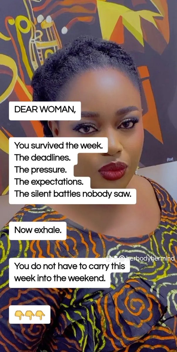 herbodyhermind's tweet photo. Dear Woman,

I know you've been strong all week.
You've shown up, pushed through, solved problems, met responsibilities, and carried more than most people realise..........

#HerBodyHerMind #WeekendWellness #WomenWellness #SelfCareMatters #MentalWellbeing https://t.co/0Q6SiHf7HB