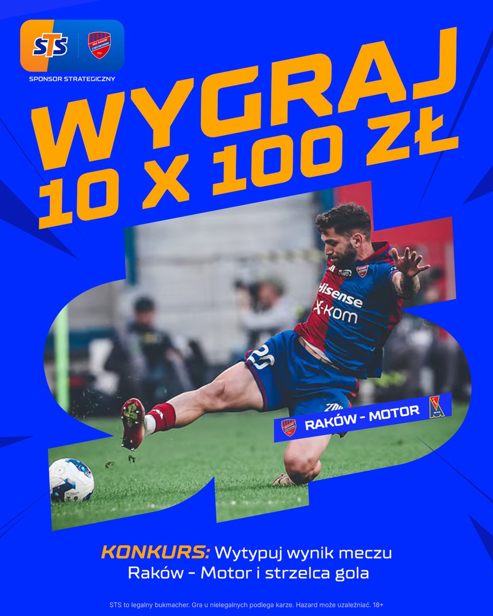 stspolska's tweet photo. ADMIN wlatuje z pierwszym konkursem!

Zasady:

1. Zaobserwuj profil STS, polub i podaj dalej wpis konkursowy
2. Wytypuj w komentarzu wynik i strzelca gola w meczu Raków - Motor.
3. Dodaj #LiczySięBardziej 🎁Nagrody 10x100 PLN BONUS  

Regulamin: https://t.co/3N1RDAQgIX https://t.co/JKjmWigrWo