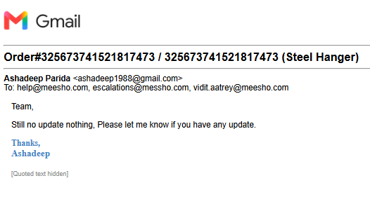 ashadeepparida's tweet photo. @meesho_support @viditaatrey
@Meesho_Official 

No update or no acknowldgement of my email. What types of service your #meesho is providing to the customer. https://t.co/s7pwFAfGce