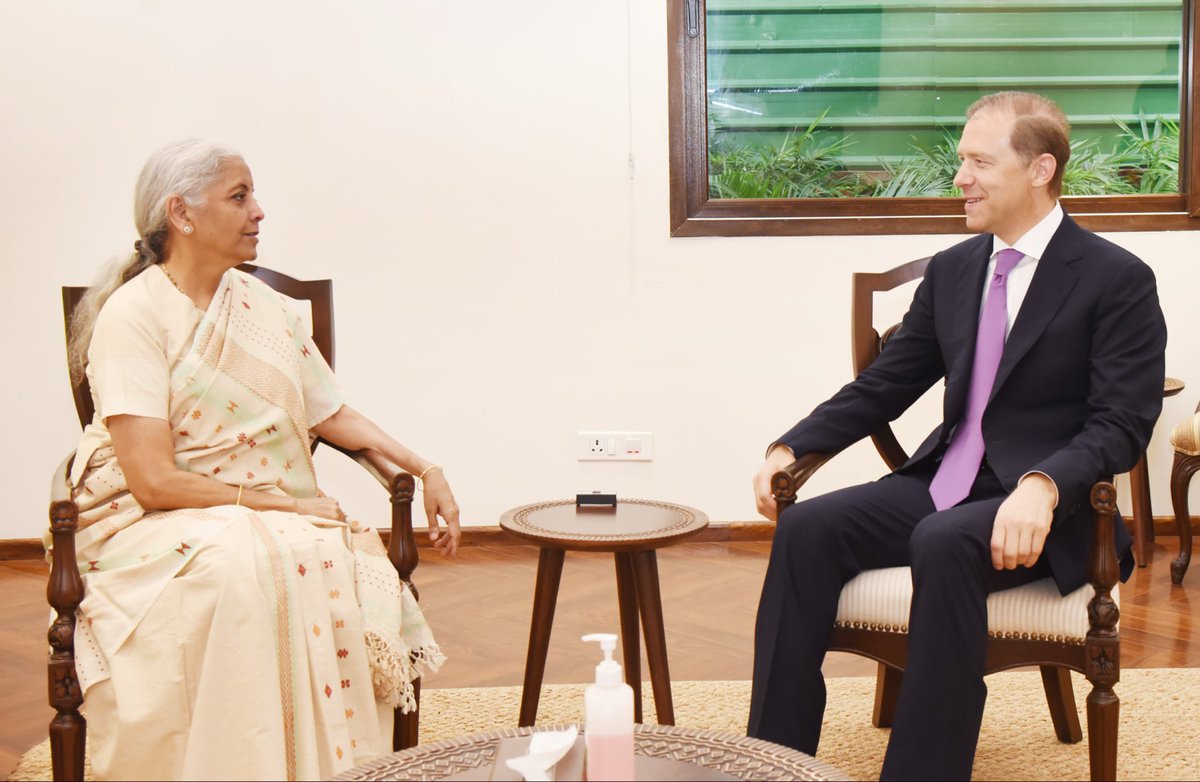 FinMinIndia's tweet photo. Union Minister for Finance & Corporate Affairs Smt. @nsitharaman met H.E. Mr. Denis Manturov, First Deputy Prime Minister of the Russian Federation, in New Delhi, today.

Both sides held discussions on ways to further strengthen and deepen economic cooperation between the two countries. It was agreed to advance negotiations on a Bilateral Investment Treaty (BIT), with a view to establishing a mutually beneficial framework for enhancing investment flows and economic engagement. 

FM Smt. @nsitharaman and H.E. Mr. Manturov also deliberated on opportunities to further strengthen cooperation in the financial services sector.