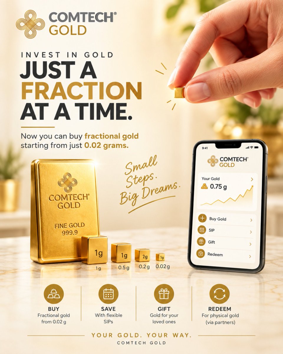 ComTechOfficial's tweet photo. Small steps. Big dreams. 🪙

Invest in 999.9 fine gold starting from just 0.02g. Buy, save, gift, or redeem, all in one place.

Your gold. Your way. Download ComTech Digital Gold now. 📱✨

#ComtechGold #DigitalGold #MicroInvesting #GoldSavings #InvestSmart #Fintech #GoldAccumulation