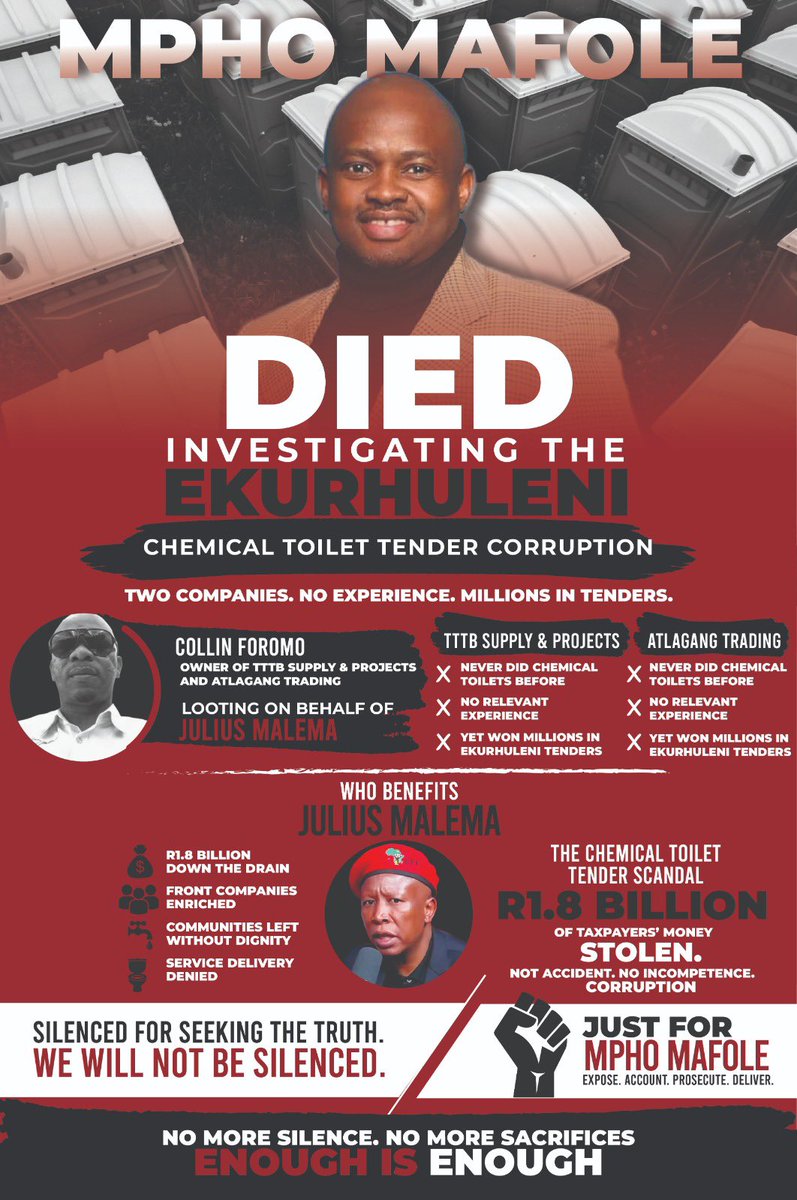 LadyAbahambe's tweet photo. Modiba has made corruption in Ekurhuleni his favourite talking point, yet his outrage seems to have very convenient boundaries.

He repeatedly invokes the death of Mpho Mafole and demands accountability. Fine. 

But accountability cannot be selective.

There are serious questions that also deserve answers, including tender that Collins Foromo received of the chemical-toilet. 

If Modiba believes in transparency, let him explain why these questions receive so little attention.

You cannot present yourself as the great crusader against corruption while appearing to shield political allies from scrutiny.

And when the same person consistently attacks Xhakaza on one side while defending or ignoring allegations involving Malema and the EFF, people are entitled to question whether this is genuinely about fighting corruption or about protecting a political narrative.

If the principle is accountability, apply it universally. If the evidence is there, investigate it. If there is nothing to hide, answer the questions.

Ekurhuleni does not need selective outrage dressed up as anti-corruption activism.