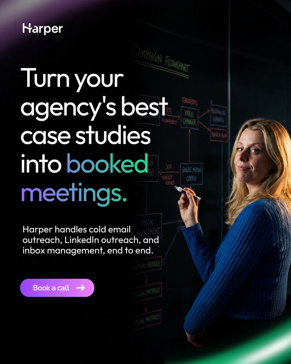 Harperagencyio's tweet photo. Case studies win clients, but only if the right people see them.

Harper turns agencies' best work into booked meetings 🤝 

Our case studies tell you exactly what we did for our clients to help them win, check them out here: https://t.co/RmEzDvUMQn  then book a call with us. https://t.co/qEstlMzD7Z