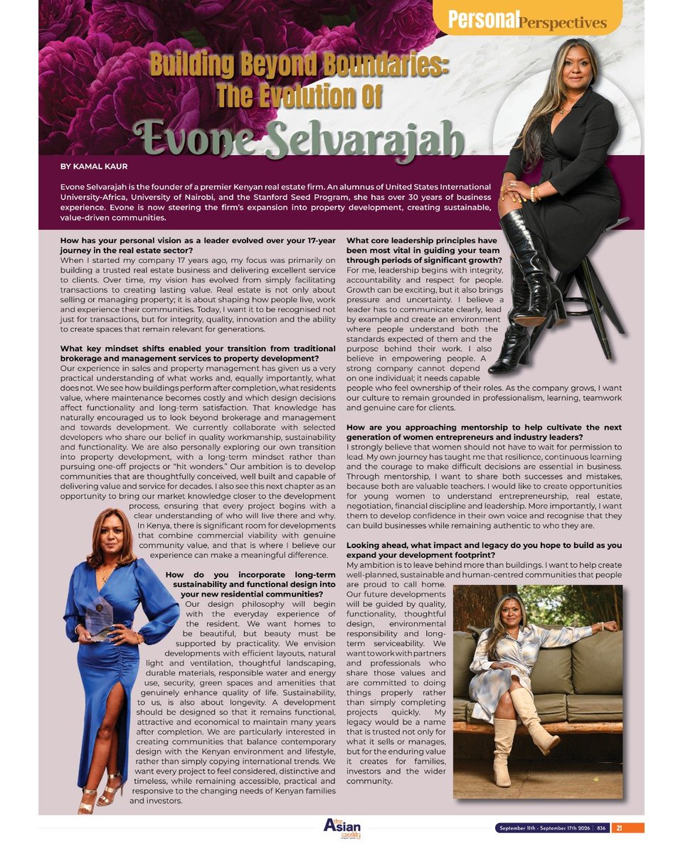 TheAsianWeekly's tweet photo. Evone Selvarajah is the founder of a premier Kenyan real estate firm. She shares how she is moving from traditional brokerage &amp; management services into property development, creating sustainable, value-driven communities in this week’s interview.

#TAW #TheAsianWeekly #paperzine https://t.co/TnLv7ISVqq