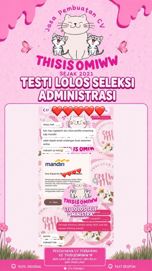 gluewys's tweet photo. adaa kak, ini bisa bangettt 🥹💗
JASA JOKI BIKIN &amp; BUAT CV ATS
https://t.co/gKXrg13YwS

🔥 8.500+ TESTI
👩🏻‍💼 Dikerjakan langsung HR aktif (bisa cek kredibilitas ✅)
🎯 Dibuat sesuai POV recruiter
🏆 Banyak testi LOLOS BUMN, MagangHub, KAI, Shopee, BCA, BRI, Mandiri, BI &amp; OJK https://t.co/YMxslWDnxx