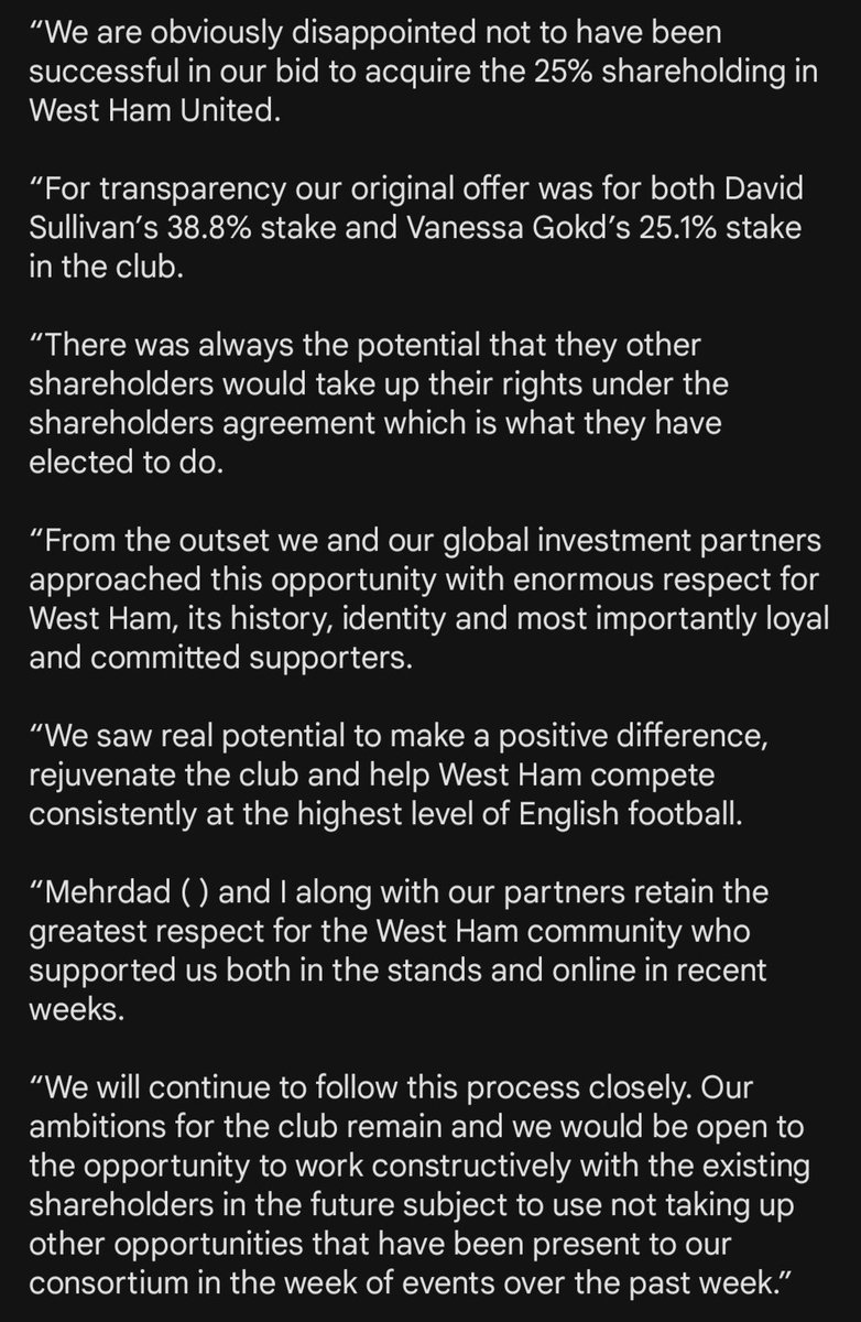 WestHamViews_'s tweet photo. OFFICIAL: Amanda Staveley and PCP Capital has released an official statement following their unsuccessful bid to buyout the Gold Family's 25.1% stake in West Ham United.

⚒️ #WHUFC #COYI https://t.co/T1aEYGEimG