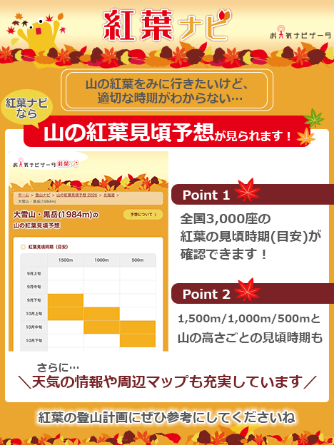 tenkitokurasu's tweet photo. ˗ˏˋ🍁山の紅葉シーズンに向けて
　　　　計画を立てませんか？🍁ˎˊ˗

今秋は気温が高めの見込みで、
紅葉・黄葉は全国的に平年並みか遅め👀
でも山は平地より色づきが早く、
9月下旬ごろから見頃を迎える山もあります🍂

人気スポットは混雑必至なので、
今のうちに紅葉登山の計画を✨
山ごとの見頃予想をチェックしてみてくださいね✅

🍁山の紅葉見頃予想
https://t.co/w8LQGHInIU