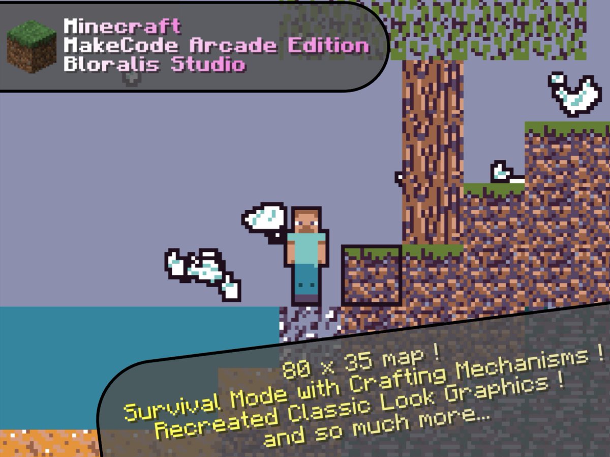 moibix's tweet photo. I created a 2D Minecraft survival demake for all @MSMakeCode Arcade consoles !
Tested on my Meowbit, it offers 80x35 procedural world, fluid physics & full crafting running smoothly.
v1.6 is live: https://t.co/UC90O127QX
@KittenBot1 #Minecraft #Makecode #Demake https://t.co/I5hx6F3P3T
