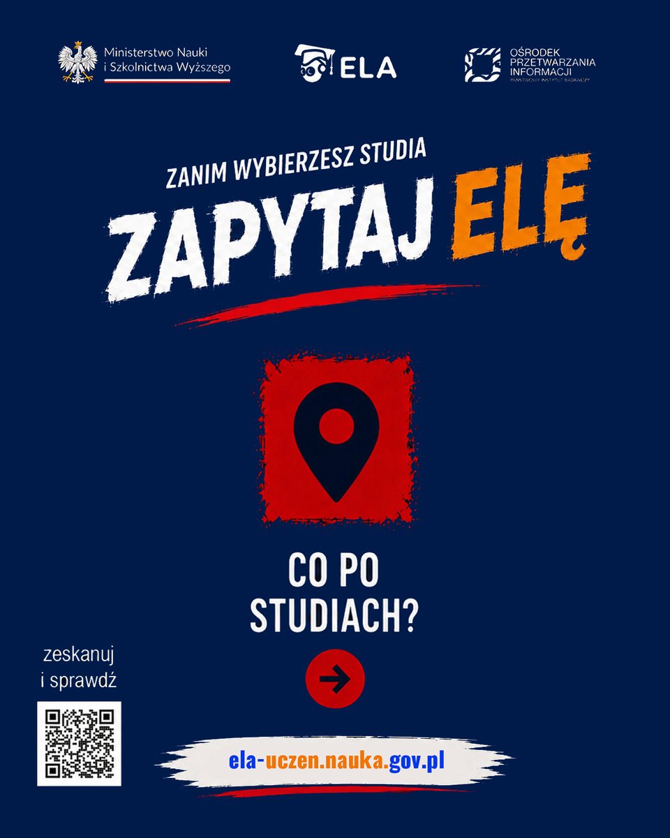 MNiSW_GOV__PL's tweet photo. Co czeka Cię po odebraniu dyplomu? 🎓

Wybór studiów może mieć wpływ na Twój start na rynku pracy. Zanim złożysz dokumenty, sprawdź, jak wyglądają szanse na zatrudnienie.

System ELA Uczeń odpowiada na ważne pytania:

● Czas szukania pracy - jak szybko absolwenci danego kierunku znajdują zatrudnienie?
● Ryzyko bezrobocia - jak często absolwenci doświadczają bezrobocia po ukończeniu studiów?
● Stabilność zatrudnienia - jakie rodzaje umów dominują wśród absolwentów danego kierunku?

To dane oparte na faktach - pochodzą z państwowych rejestrów ZUS i systemu POL-on.

Zaplanuj swoją przyszłość świadomie: https://t.co/esAEvzyERS

#copostudiach #zapytajELE #studia