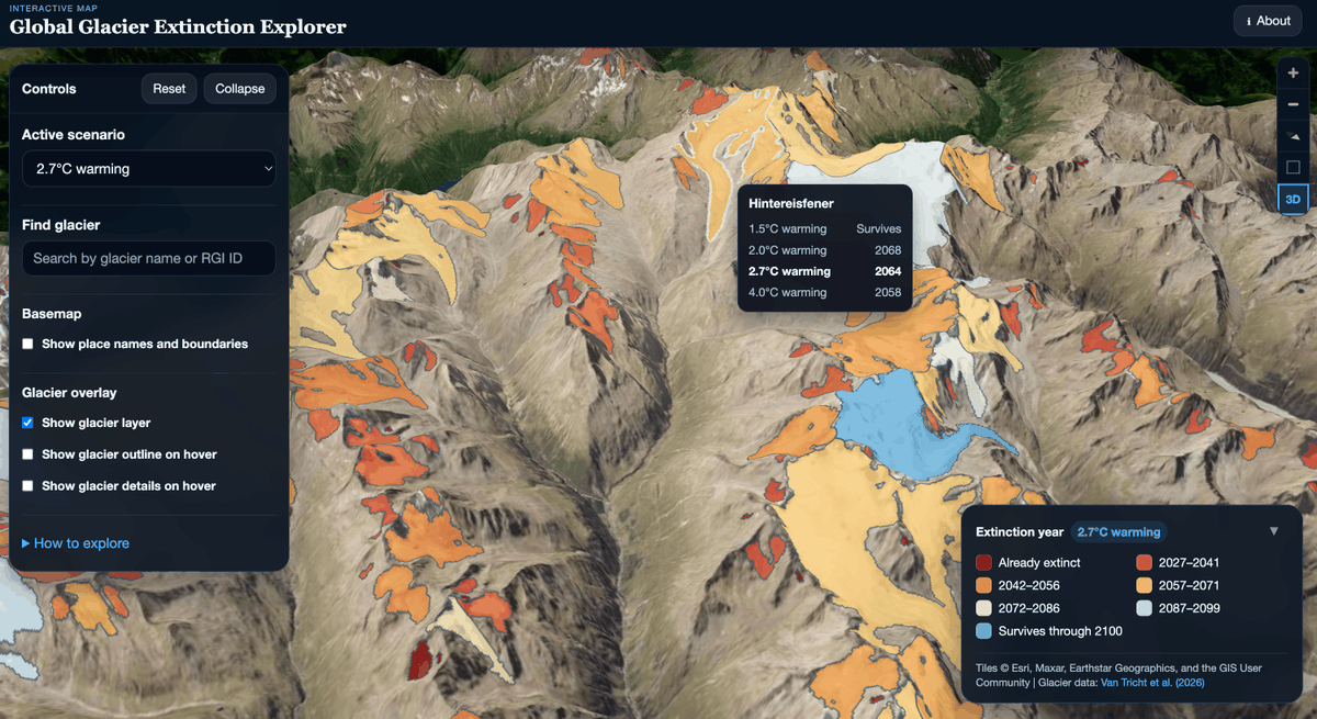 LanderVanTricht's tweet photo. 🏔️ When will each glacier on Earth disappear?

Very happy to launch the #GlobalGlacierExtinctionExplorer, mapping the projected disappearance of every glacier on Earth under different warming levels.

🔎 Explore your glacier:
 https://t.co/6ffKPfR4zr https://t.co/S8vbc0ryAh