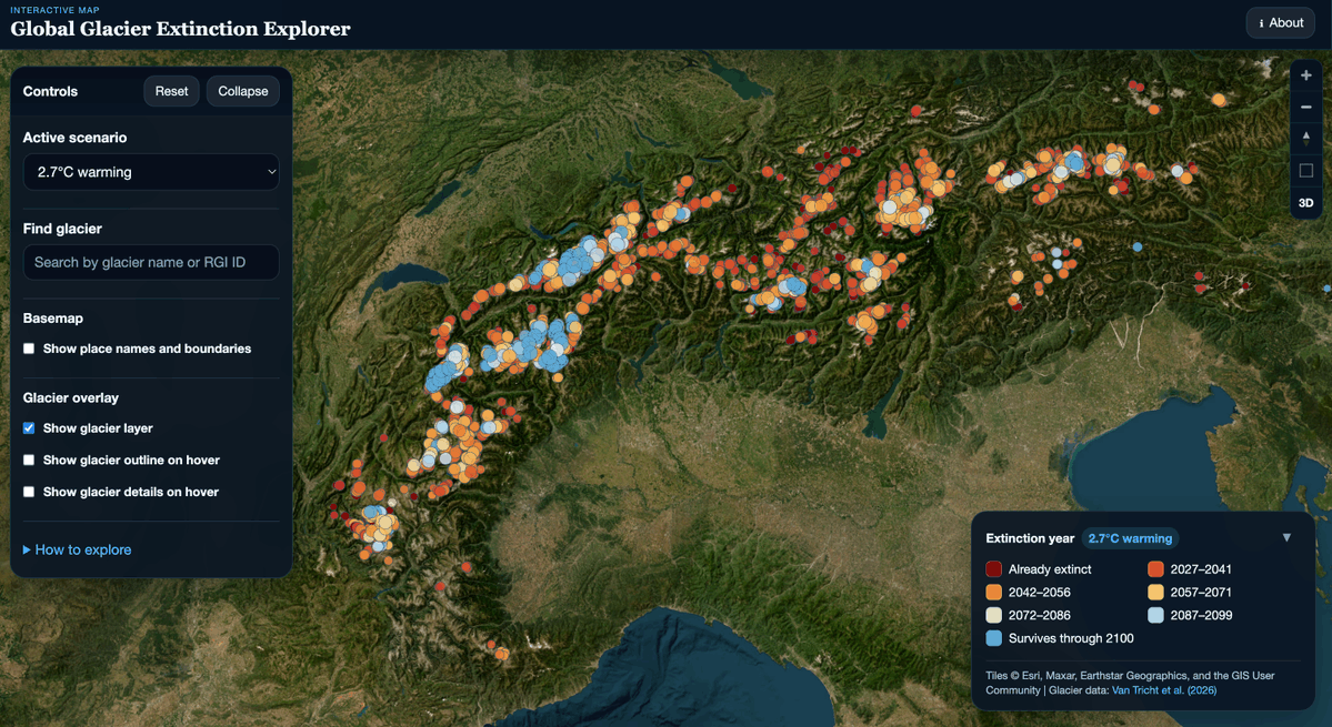 LanderVanTricht's tweet photo. 🏔️ When will each glacier on Earth disappear?

Very happy to launch the #GlobalGlacierExtinctionExplorer, mapping the projected disappearance of every glacier on Earth under different warming levels.

🔎 Explore your glacier:
 https://t.co/6ffKPfR4zr https://t.co/S8vbc0ryAh