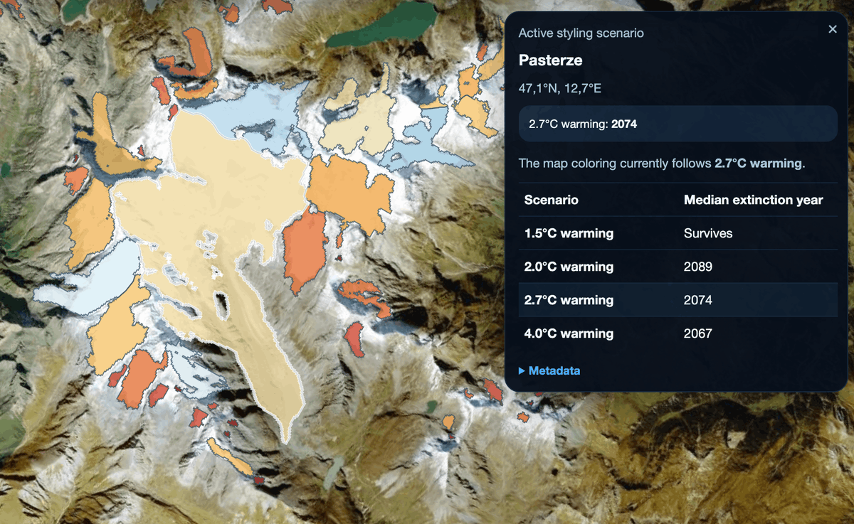 LanderVanTricht's tweet photo. 🏔️ When will each glacier on Earth disappear?

Very happy to launch the #GlobalGlacierExtinctionExplorer, mapping the projected disappearance of every glacier on Earth under different warming levels.

🔎 Explore your glacier:
 https://t.co/6ffKPfR4zr https://t.co/S8vbc0ryAh