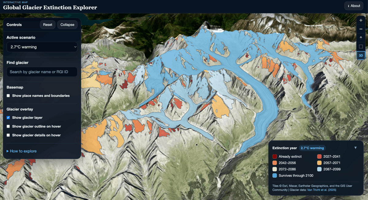 LanderVanTricht's tweet photo. 🏔️ When will each glacier on Earth disappear?

Very happy to launch the #GlobalGlacierExtinctionExplorer, mapping the projected disappearance of every glacier on Earth under different warming levels.

🔎 Explore your glacier:
 https://t.co/6ffKPfR4zr https://t.co/S8vbc0ryAh