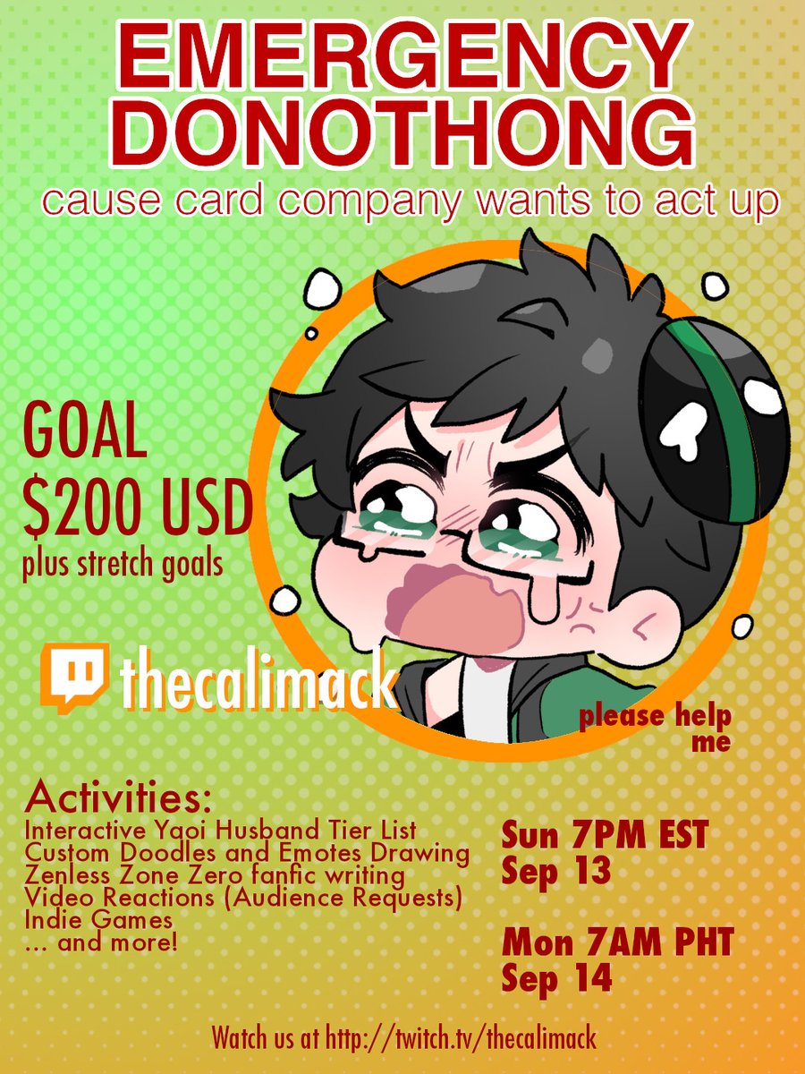 TheCaliMack's tweet photo. Hi there, everyone!

I'll be doing a one-day emergency donothon this coming Sunday 7PM EST / Monday 7AM SGT.
My card company decided to play acrobatics with me so I'm left in a tight spot. We've got a great list of stretch goals for you guys! And we'll also be doing a Yaoi husband tier list featuring our favorite videogame characters!

If you want to chip in early or check out the stretch goals ahead of time, the Ko-fi is already open. Every bit helps me clear this bump!

📺 Watch: https://t.co/JZT3WMSA8Y

☕ Support: https://t.co/W0ZX7zmme2

#Vtuber #ENVtuber #Yaoi #BL #TwitchStreamer