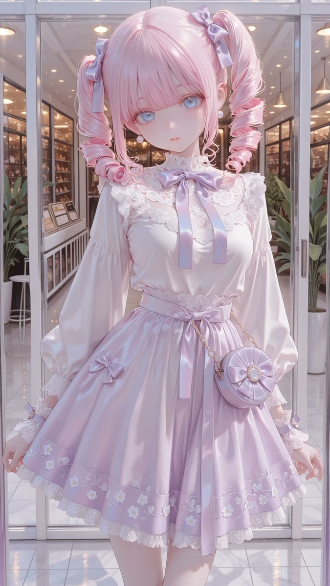 AliceLavli's tweet photo. レースのブラウスとラベンダーのスカートのコーデの衣装プロンプトをどうぞ✨
outfit only, strict garment structure, strict color placement, separate dusty-pale-lavender lace blouse and ivory skirt, hip-length blouse covered entirely in dense floral lace with repeating scalloped chevron bands, high fitted mock neckline finished with a narrow upright ruffle, opaque pale-lavender lining beneath the torso, semi-sheer lace restricted to both sleeves, relaxed straight body with a gently scalloped lace hem, long loose sleeves widening slightly toward the wrists, each wrist finished with a wide flared pure-white floral-lace cuff, layered scalloped cuff edges extending over the hands, one small deep-purple velvet ribbon bow centered on the outer side of each white cuff with a tiny pearl drop beneath it, separate ivory high-waisted flowing skirt, wide gathered elastic-smocked waistband, soft vertical gathers falling from the waistband, fixed color placement: dusty pale lavender for the blouse and sleeves, pure white only for the oversized lace cuffs, deep purple only for the small cuff bows, ivory only for the skirt, fair porcelain skin with a cool pale undertone