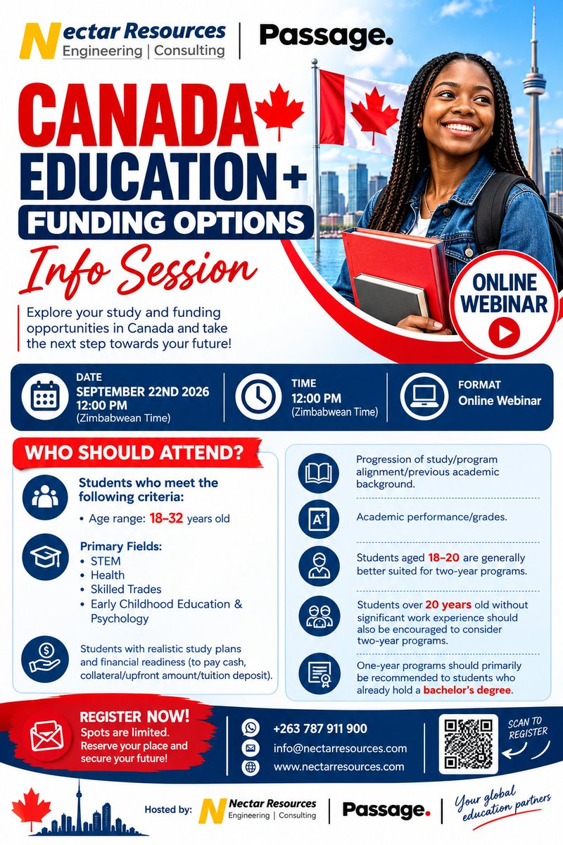 ConsultancyLlc's tweet photo. 🎓✈️ YOUR STUDY & CAREER JOURNEY STARTS HERE!

Thinking about studying or building your career abroad? 🌍

Join NECTAR Resources & Passage for an informative webinar where we’ll explore opportunities in:

🔹 STEM

🔹 Health

🔹 Skilled Trades

🔹 Early Childhood Education & Psychology

📅 Date: Tuesday, 22 September 2026

⏰ Time: 12:00 PM (Zimbabwe Time)

💻 Platform: Google Meet 

Whether you’re a student, graduate, professional, or parent exploring international opportunities, this session is for you!

Call/WhatsApp: +263 787 911 900

Email:info@nectarresources.com

Website: https://t.co/LRiYrxrwXf 

Join the Zoom Webinar: Canada Education+Funding Information Session
Tuesday, Sep 22 •  12:00 – 1:00 PM
Google Meet joining info
Video call link: https://t.co/zSjmIVVd5d

Don’t miss this opportunity to learn, ask questions, and take the next step toward your international education and career goals! 🌍🎓

#NectarResources #Passage #StudyAbroad #CareerOpportunities #STEM Healthcare SkilledTrades EarlyChildhoodEducation Psychology Zimbabwe InternationalEducation