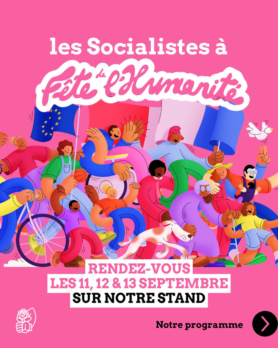 partisocialiste's tweet photo. La Fête de l’Humanité commence aujourd’hui !

Découvrez notre programmation mise à jour : de nouveaux débats, de nouvelles rencontres et toujours cette même envie de faire vivre les idées et les combats qui nous rassemblent !

Pendant ces trois jours, le stand sera un espace unique pour débattre, réfléchir et construire collectivement face aux grands défis de notre époque. Justice sociale, écologie, lutte contre les inégalités… retrouvez les Socialistes tout au long du week-end pour un programme repensé, riche en échanges et en moments forts.

📆 C’est parti, rendez-vous du 11 au 13 septembre à la Fête de l’Humanité !

📍 Au stand Socialiste, au bout de la rue Pierre Bourdieu, avant la scène Joséphine Baker.

Et si tu veux t’inscrire à la primaire de la gauche #choisir2027, tu peux le faire directement sur le stand ! Sinon le lien reste en bio !