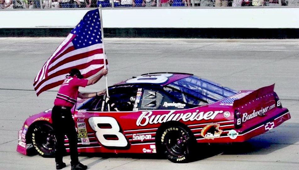 LegendsNascar's tweet photo. Dale Earnhardt Jr won the first Winston Cup race after the attacks on 9/11. 

#NeverForget 🇺🇸 https://t.co/ipms7XRZY6