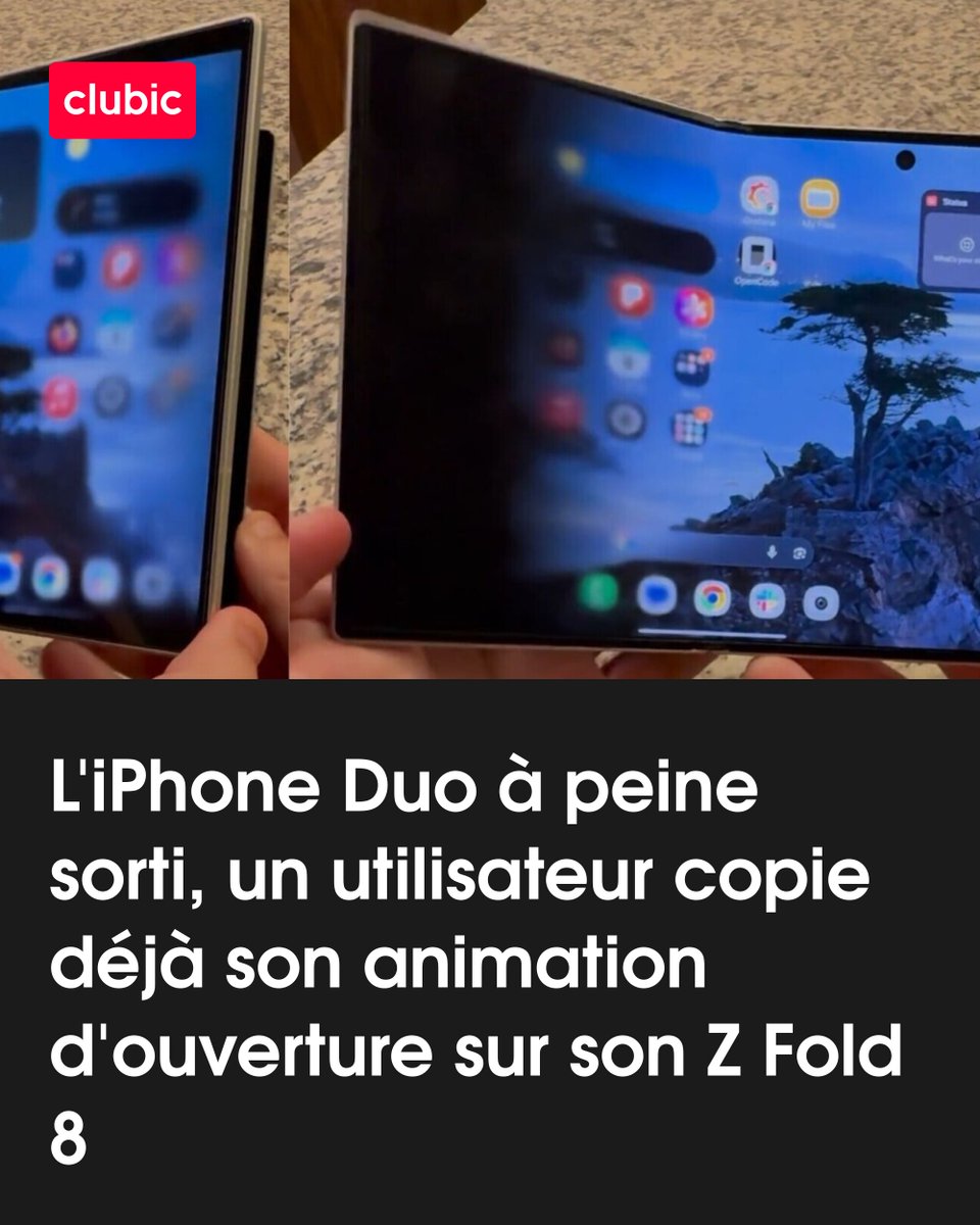 Clubic's tweet photo. L’iPhone Duo inspire déjà Android : un utilisateur reproduit son animation d’ouverture sur le Galaxy Z Fold 8 grâce au capteur de charnière et aux shaders. 📱✨
👉 https://t.co/nQ9R1JxcAW https://t.co/I2Xf7aGjCy