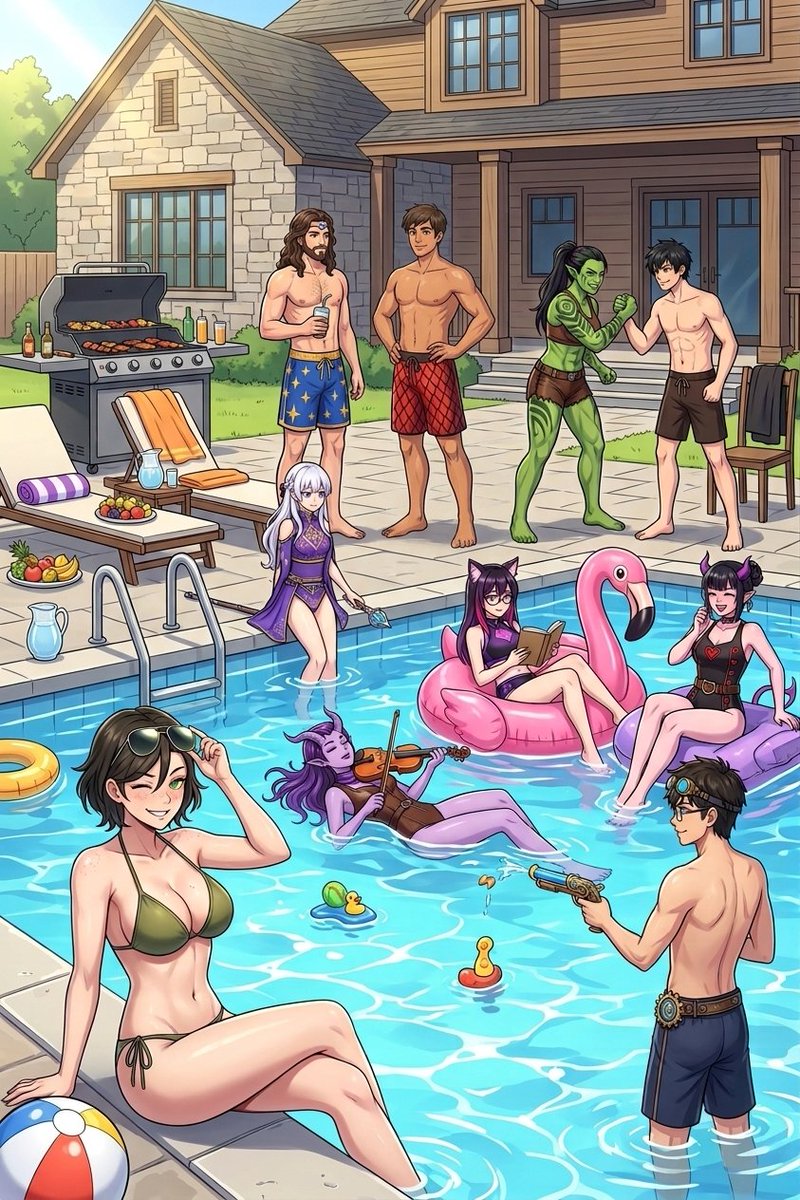 Marakath's tweet photo. Happy #FanServiceFriday! I'm going to be taking a day or two off to unwind and maybe hit the pool. I'll be back probably Sunday night! 

Make sure you're finish your quest, so you can have a nice long rest this weekend https://t.co/UV7ym1zIkx