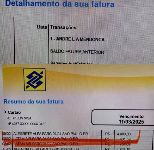 orlandoguerreir's tweet photo. Essa fatura é FALSA !
O ministro bolsonarista André Mendonça apresentou um documento adulterado.
O cartão BB Visa Altus Liv só foi lançado oficialmente pelo Banco do Brasil no dia 17 de novembro de 2025, e o público geral só começou a pedir e receber o cartão a partir de janeiro de 2026.
A imagem deixa bem claro que é uma montagem, com um erro de data que não faz o menor sentido. Olha só os furos temporais desse extrato que a imprensa divulgou na defesa do ministro para provar o pagamento dos ternos de alfaiataria:
1 - As datas não batem: A fatura vence em 11/03/2025, mostrando compras feitas em 08/02.
2 - O cartão nem existia: Esse modelo Altus Liv Visa só foi lançado pelo BB em novembro de 2025. Ou seja, é impossível ter uma fatura real dele em março de 2025, já que o banco nem tinha criado o produto ainda. Portanto é uma montagem.