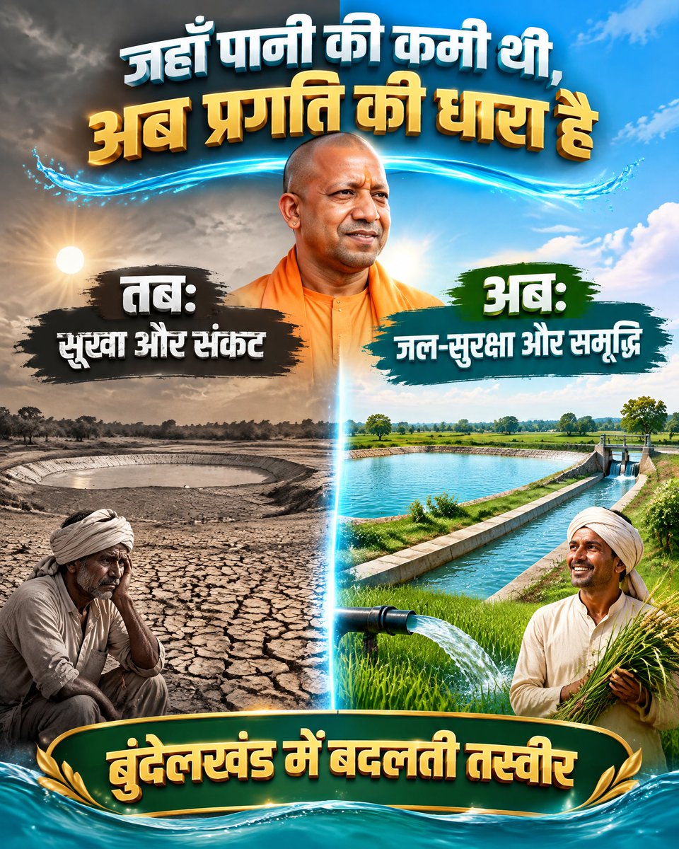 shivlalpatel18's tweet photo. पानी की हर बूंद की कीमत समझने वाला बुंदेलखंड आज जल संरक्षण की नई सोच के साथ आगे बढ़ रहा है। जो क्षेत्र कभी पानी के संकट के लिए जाना जाता था, वहां जल प्रबंधन को विकास का महत्वपूर्ण आधार बनाया जा रहा है।

मुख्यमंत्री योगी आदित्यनाथ जी के नेतृत्व में बुंदेलखंड में सिंचाई और जल संरक्षण से जुड़े प्रयासों को गति देने पर विशेष ध्यान दिया जा रहा है।

बेहतर जल व्यवस्था का सीधा संबंध किसानों की खुशहाली से है। खेतों को पर्याप्त पानी मिलेगा तो कृषि उत्पादन बढ़ेगा और ग्रामीण अर्थव्यवस्था भी मजबूत होगी।

बुंदेलखंड का यह बदलाव बताता है कि दूरदर्शी जल प्रबंधन से वर्षों पुरानी चुनौतियों का समाधान संभव है। जल सुरक्षित होगा तो किसान और प्रदेश दोनों समृद्ध होंगे। 🌱💧
#Bundelkhand #UPModel #WaterManagement #YogiAdityanath #UttarPradesh