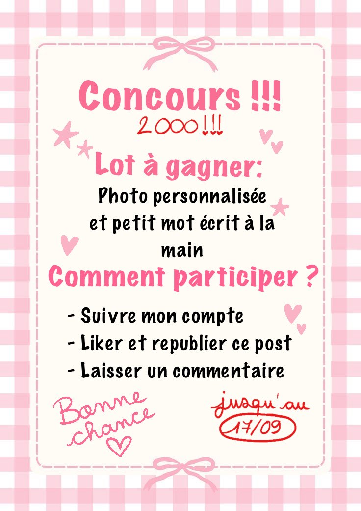 Emy_2002_'s tweet photo. Concours pour les 2000 abonnés ✨💖
Vous avez jusqu’au 17 inclus pour participer 🍓 https://t.co/VBI3Z4OIz8