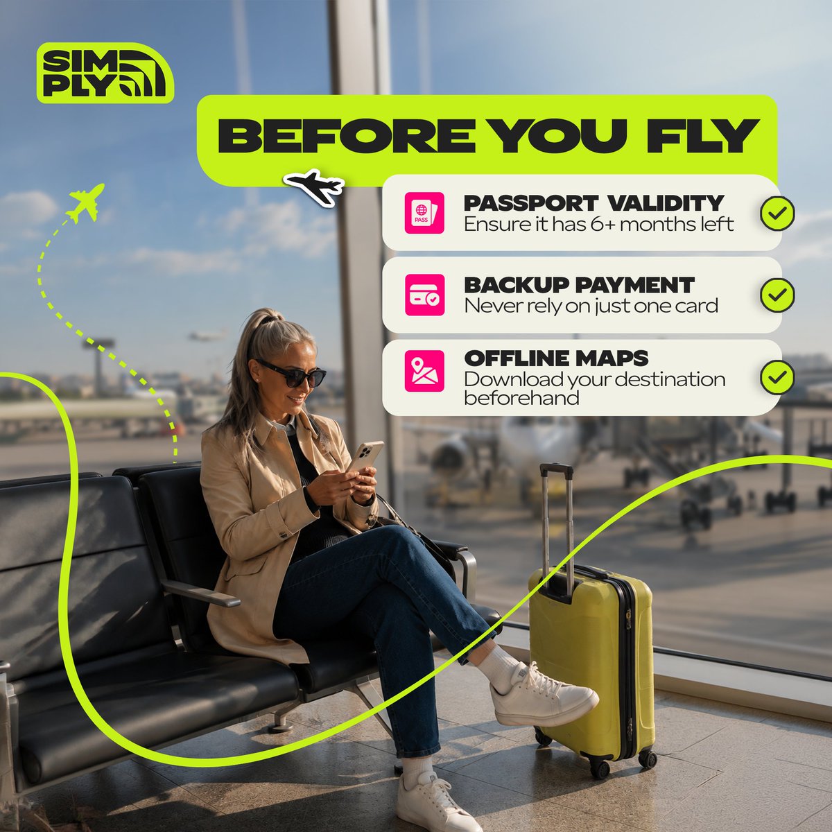 Simplysim_app's tweet photo. First big trip coming up? Save this quick checklist before you fly ✈️👇

🛂 Passport check (6+ months validity)
💳 Backup card packed
🗺️ Offline maps downloaded

And the most important step - stay connected. 

Set up SIMply eSIM before takeoff and enjoy instant data the moment your plane lands. 📲