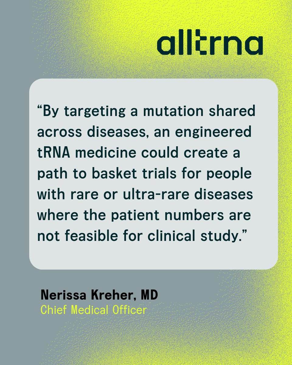 alltrna's tweet photo. Throughout her career caring for children and developing medicines for rare diseases, Nerissa Kreher has met many families searching for a treatment option for their child or loved one.

For many rare and ultra-rare diseases, small patient populations can make studying each disease separately difficult. Basket trials offer another potential path, bringing together people with different diseases that share the same underlying mutation and relevant clinical characteristics.

On Labiotech’s Beyond Biotech podcast, Nerissa discusses why engineered tRNA medicines may be well suited to this approach, the clinical development of AP003, the first tRNA therapeutic to enter clinical trials, and the evidence needed to support future basket trials.

Listen here: https://t.co/XSpD6McglG