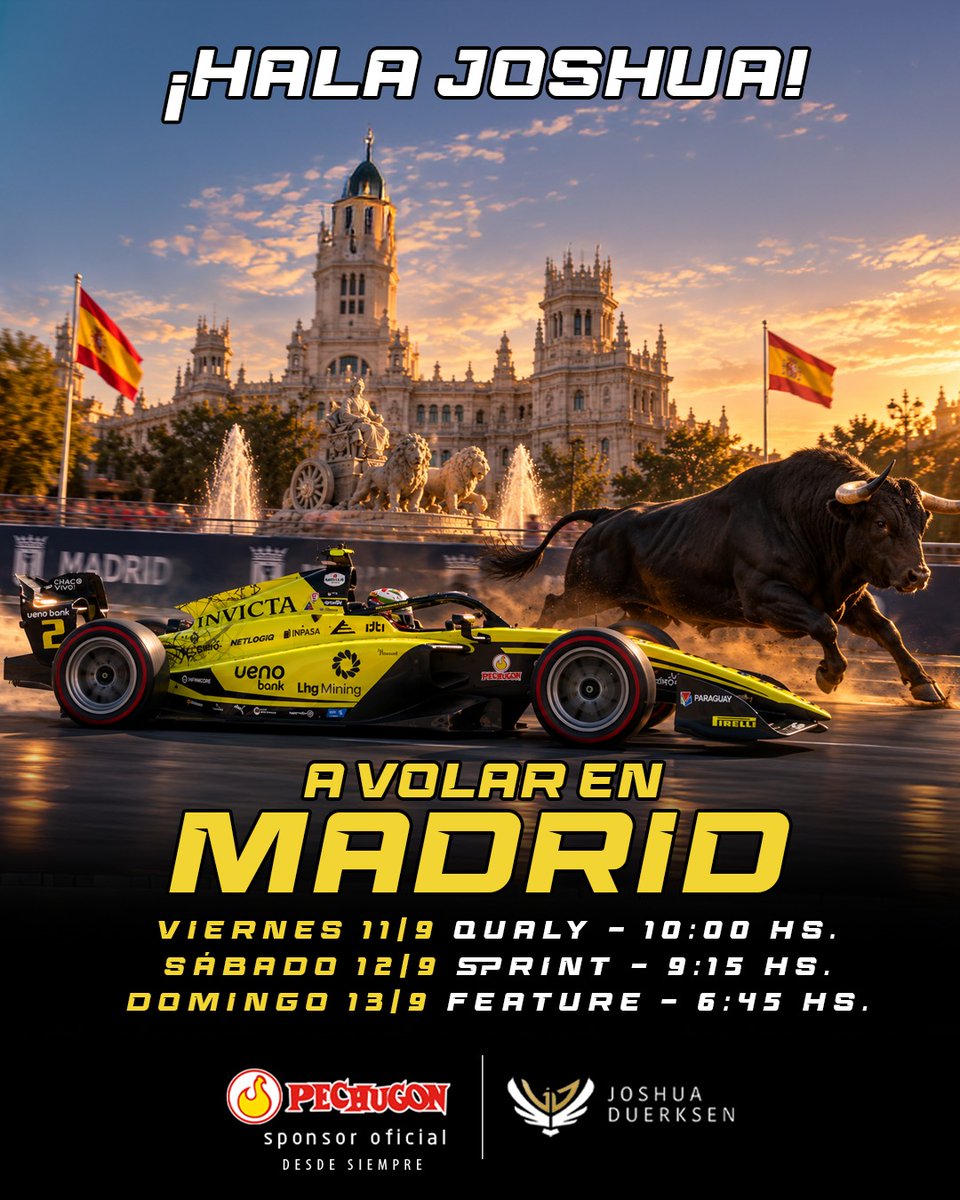 PechugonPy's tweet photo. 🏁 ¡HALA JOSHUA, A VOLAR EN MADRID! 🇵🇾

Venimos de un fin de semana increíble en Monza, donde Joshua se lució ganando las dos carreras y volvió a hacer flamear la bandera paraguaya en lo más alto. 🏆🟡⚫

Ahora el piloto mbareté que corre con #laFuerzaDeNuestraTierra llega a una pista nueva, las calles de Madrid, con la confianza por las nubes y las ganas intactas de repetir la hazaña. ¡A por más gloria! 💨

🗓️ AGENDÁ EL FIN DE SEMANA – GP de Madrid
🏁 Viernes 11/9 – Qualy: 10:00 hs
🏎‍🟀 Sábado 12/9 – Sprint: 9:15 hs
🏆 Domingo 13/9 – Feature: 6:45 hs

¡Que se repita la hazaña paraguaya! A seguir volando, Joshua. 🇵🇾🔥