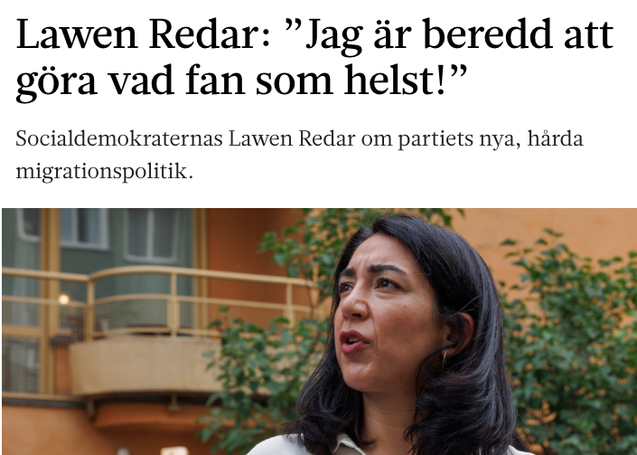 JensGanman's tweet photo. Pricksäker analys kring Lawen Redar – och S: 
" Magdalena Andersson, med sin bakgrund som finansminister, vet mycket väl hur ekonomiska realiteter ser ut och borde förstå bättre. Ändå viker hon ner sig för partiets nya inre maktlogik och upplåter scenen åt dem som står för det ideologiska förfallet. 

https://t.co/gkXhpaCqoz

Det mest extrema exemplet på vad hon släpper fram är Lawen Redar, som leder partiets arbetsgrupp för integrationspolitik. 

Å ena sidan är hon själv kurd och driver med stort engagemang frågan om kurdernas rätt till en egen nation, ett eget territorium och en sammanhållen kultur. 

I de sammanhangen uttrycker hon en nationalism så kompromisslös att den skulle få Sverigedemokraterna att framstå som försiktiga. Hon förstår uppenbarligen exakt vad en nation innebär och varför ett folk behöver en sådan. 

Men när det gäller Sverige och det svenska samhället driver hon den motsatta linjen. Där är uppdraget i stället att montera ned, blanda upp och smula sönder det väl sammanhållna svenska tills ingenting av det ursprungliga återstår. När kritiken växer ryggar partiet tillbaka, men partiets apologeter på Aftonbladets ledarsida hinner inte uppfatta reträtten utan klargör öppet vad projektet handlar om. Som Anders Lindberg sammanfattade partiets linje i en rubrik: 'Lawen Redar har rätt, vi bör blanda befolkningen'.

Bakom alla undanflykter råder en total brist på intellektuell hederlighet. På betald plats i Sveriges riksdag skriver hon motioner för att upprätta en kurdisk nation för sitt eget folk, samtidigt som hon arbetar för att montera ned den svenska. Hon unnar sitt eget folk det skydd och den sammanhållning hon vill ta ifrån de människor som finansierar hennes riksdagslön. Partiet jobbar inte längre för Sverige. Det var länge sedan socialdemokratin övergav knegarna, för att i stället bygga sin makt på bidragsberoende och släppa fram företrädare som aktivt monterar ned den nation de är satta att tjäna."

https://t.co/gkXhpaCqoz