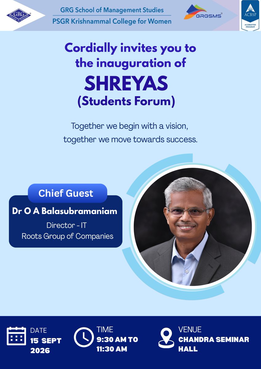 GRGSMS01's tweet photo. A new chapter of student leadership begins. SHREYAS, the Students Forum, will be inaugurated on 15 Sept 2026, featuring office-bearer installation, an inaugural address, and the release of Prerana, Impressions &amp; a Placement Brochure.

#SHREYAS #StudentLeadership https://t.co/aGQsHpaToi