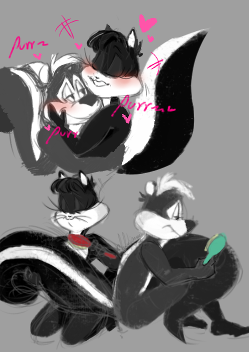 elulukiara's tweet photo. I have a headcanon that when Pepe feels bad or stressed Penelope rests his head on her chest so he can feel her purring. They also love brushing each other's tails. #doodles #pepexpenelope #pepelepew #penelopepussycat #looneytunesㅤㅤㅤ https://t.co/JqpQhuQ8nG