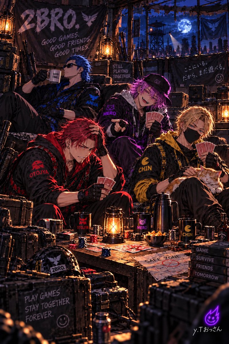 yt_ossan_'s tweet photo. 🔵🔴🟣🟡 終末世界シリーズ ― EPILOGUE ―

戦いのあと、バリケードの内側でひと休み。

こんな世界でも、いつもの時間は変わらない。

4人の終末世界、これにて一区切り🎮

#2bropics #めろやん絵 #画ちん #2BRO #ファンアート https://t.co/KWW4Dnsan9