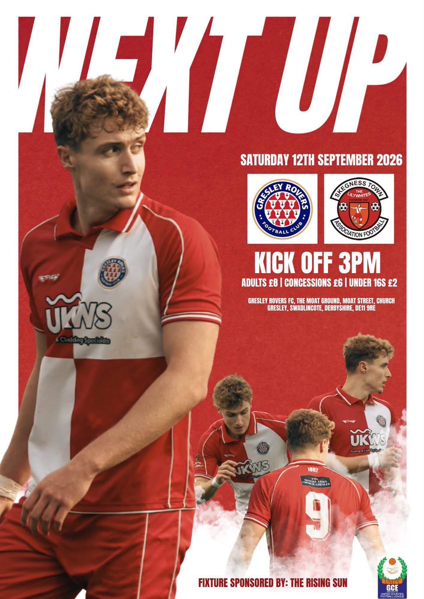 GresleyRovers's tweet photo. NEXT UP ⬆️

We welcome Skegness Town to the Moat Ground this Saturday! Get down and get behind the lads! 💪

A huge thank you to The Rising Sun for sponsoring this weekend’s fixture 🤝

🎟️ Adults £8 | Concessions £6 | Under 16s £2

See you at the Moat! 🔴

#GRFC https://t.co/V24KyVf2gD