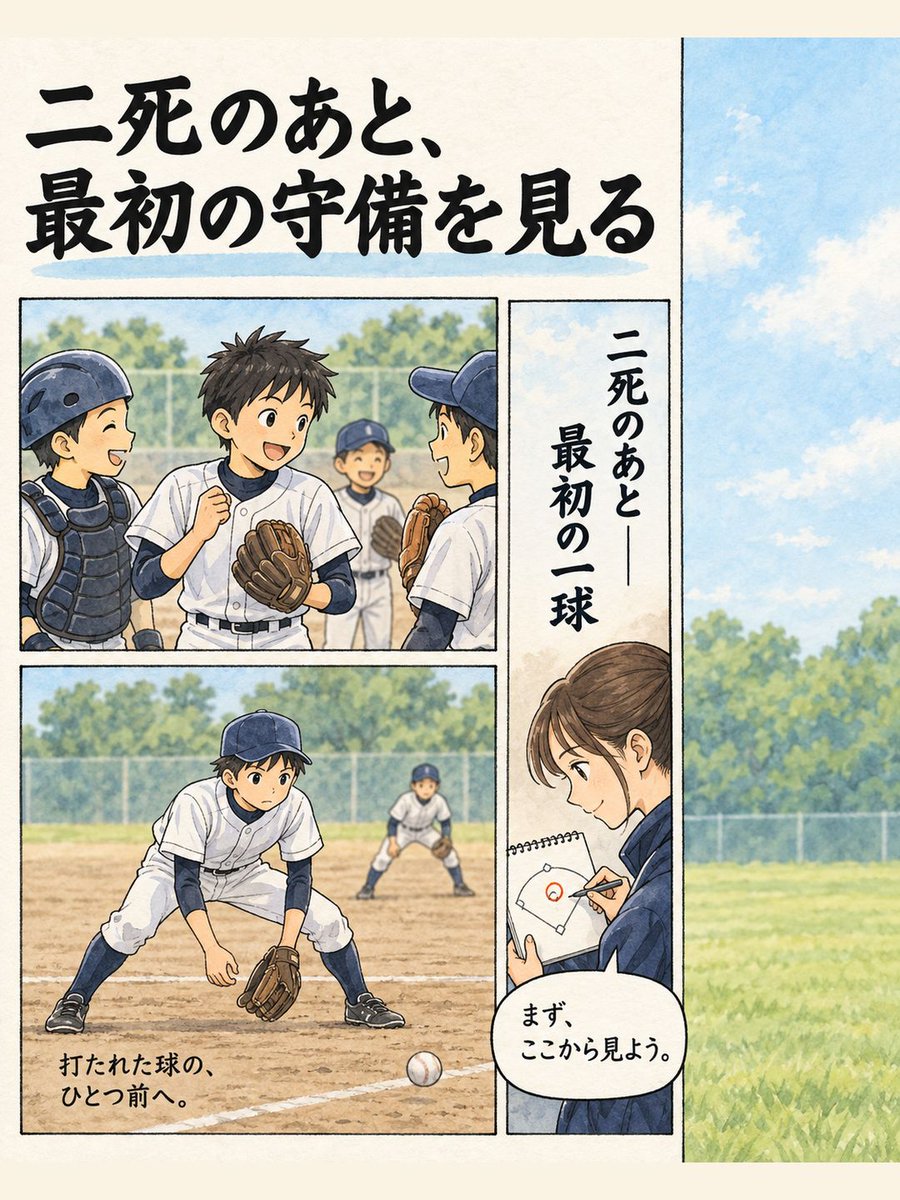 yakyulog_ja's tweet photo. 二死から失点した回、打たれた球だけで終わっていませんか。二死後の最初の守備を一つ見返して、次は声を先にそろえる。結果の前に、次の動作を残す振り返りです。

#少年野球 #試合記録 #守備 https://t.co/B7A3pyTwbL