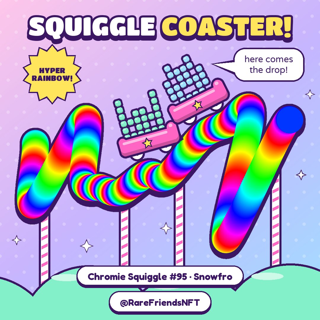 Gilbyese's tweet photo. Now boarding: SQUIGGLE COASTER 🎢

Two Rare Friends ride Chromie Squiggle #95.

Click, click, click... then the drop.

Please keep all pixels inside the cart.

Join - https://t.co/Z5OnRuuxjo

@RareFriendsNFT https://t.co/BVfEvz2Z0v