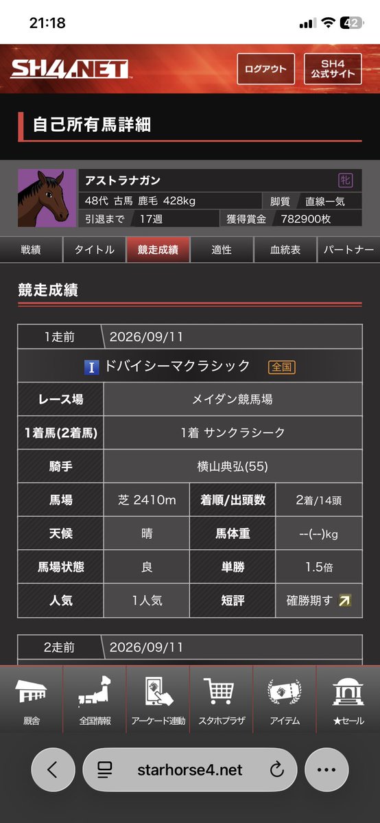SuperRobotWarsF's tweet photo. 今日のスタホ🐴
メインの発動馬を走らせてきました。
前回WBC3着→香港V6着→アルクォズS2着→ドバイSC2着と成績ふるわず😨
残り5〜6戦でなんとか80万行きたいところ。
待機してたSWBC2着馬は、まさかの8着で次走は凱旋門かドバイWCを目指します。

明日も行くけど土曜日だし並走作る💪🏻 https://t.co/XouAaeDJA5