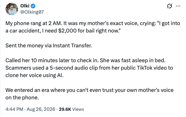 CommonDefenseAI's tweet photo. Creepy deepfakes are exploding. 

One guy got a call from “his wife” while she was sitting next to him. Another sent $2,000 after a call from “his mom” while she was sleeping.

Follow these tips. It only takes a few seconds to protect you and your family.

1. Hang up and call back using a saved number. That extra second protects you from number spoofing.

2. Set up a family code word only you and your family know. Ask for it during emergencies or money calls.

3. Ask something a fake clone wouldn’t know, like “What did we eat last night?”

4. Watch for scam tells: wire transfers, gift cards, crypto, or “don’t tell anyone.”

5. Warn your parents and kids now, before the call happens.

Things are getting weird in this new AI world. Share these tips with your family and stay safe out there.