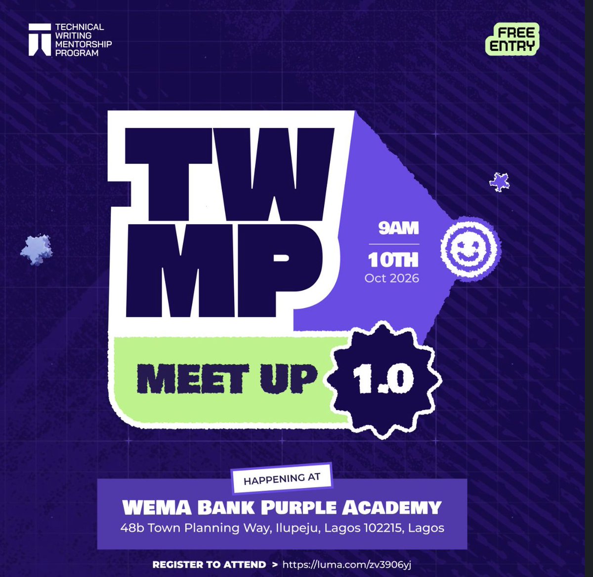 Joklinztech's tweet photo. TWMP Meetup 1.0 Registration Is OPEN! 🎟️

The wait is over!

Registration for the @TechnicalWriti6  Writing Mentorship Program Meetup is officially open, and we’d love to see you there.

Secure your seat: https://t.co/j3K8J8y7x1

You will learn a lot from our amazing speakers https://t.co/jzYm94XeZl