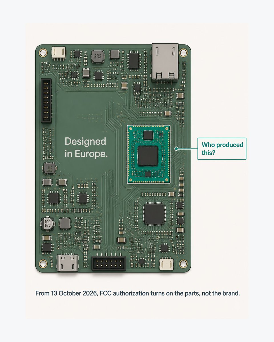 NProjects13330's tweet photo. FCC 26-50 Final Rule is in the Federal Register. Effective 13 Oct 2026: Covered List logic-bearing parts can block new device auth even when an EU shop designed the rest. Pending apps that day are exempt — until a logic-part amendment. Prior auth not revoked. As at 11 Sep 2026. https://t.co/zmYAPPvrPe