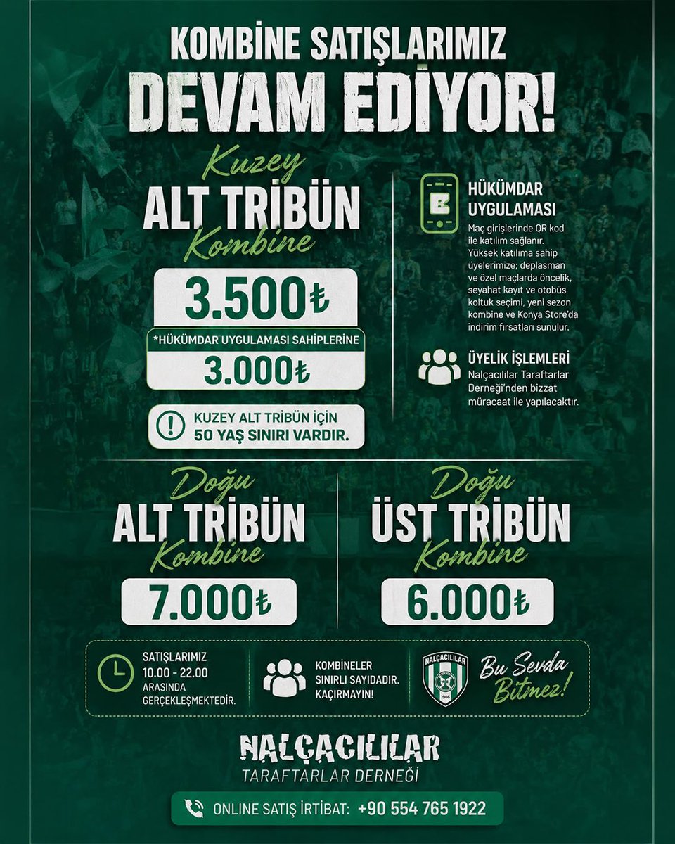 Nalcacililar's tweet photo. Kombine satışlarımız devam ediyor.

📣 Cumartesi günü saat 16.00’ya kadar yapılan başvurular Trabzonspor maçına yüklenecektir.

Online satış: 0 (554) 765 19 22

#Nalçacılılar
#AnadoluHükümdarı https://t.co/tDKThpVPBG