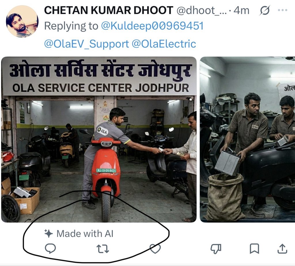 Kuldeep00969451's tweet photo. AI se photo bna bnakr ya fir old Photos/Videos daalkr Ola ko defame karne me lage rhte h log. https://t.co/cHlYyugS9u