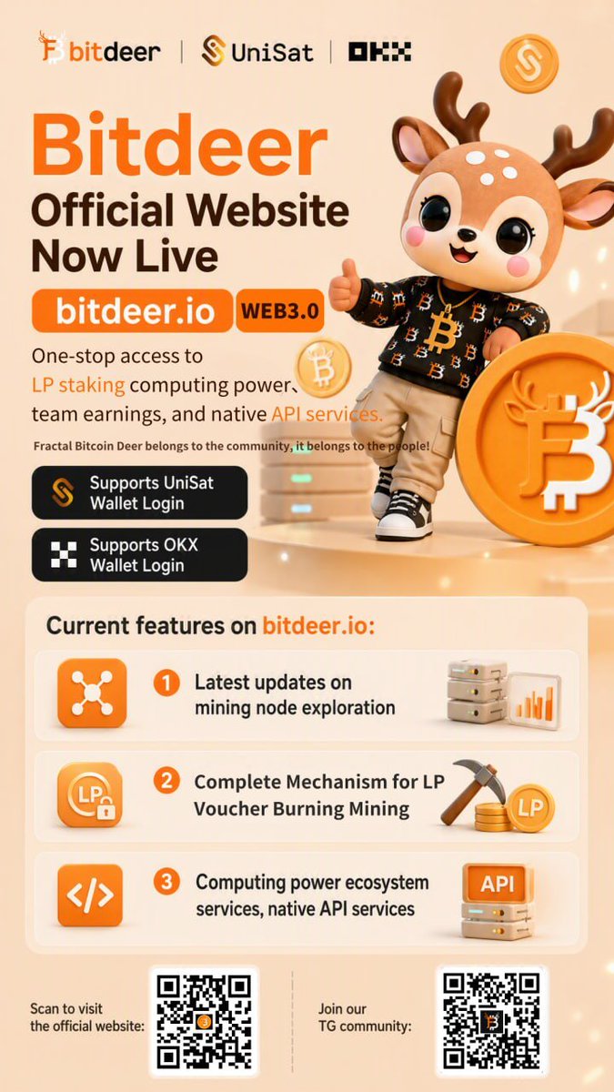 bitdeer_brc20's tweet photo. 🔥Bitdeer Website is LIVE! 
🌐https://t.co/88F2TjrTOp
✅Support UniSat & OKX wallet login
✅Real-time updates for index mining nodes
✅Full Mechanism of LP Voucher Burning Mining
✅Web3 computing power ecosystem + native API service
Fractal Bitcoin Deer belongs to the community, it belongs to the people!🔥
#Bitdeer #Fractal #FB #UniSat