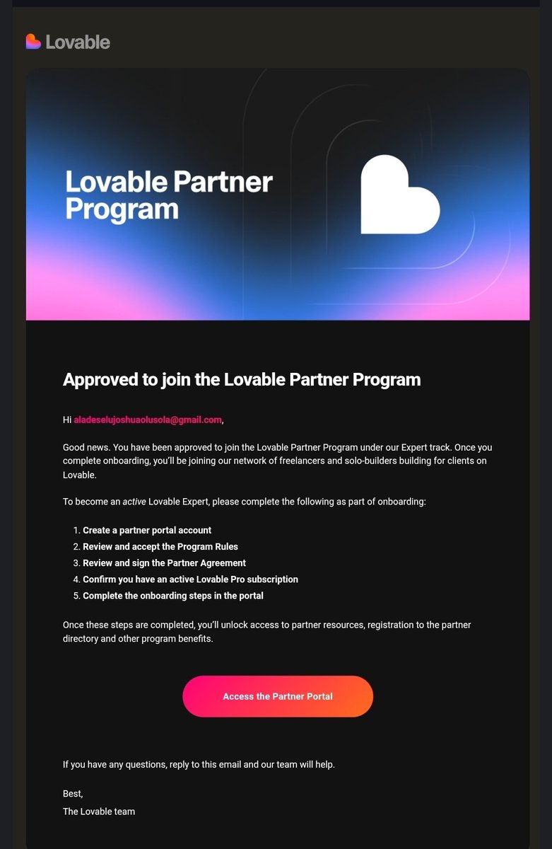 Joshuaking173's tweet photo. Joshuaking consult got Approved to join the Lovable Partner Program @Lovable 
https://t.co/yqNyvlXEur https://t.co/2fmAAkqm14