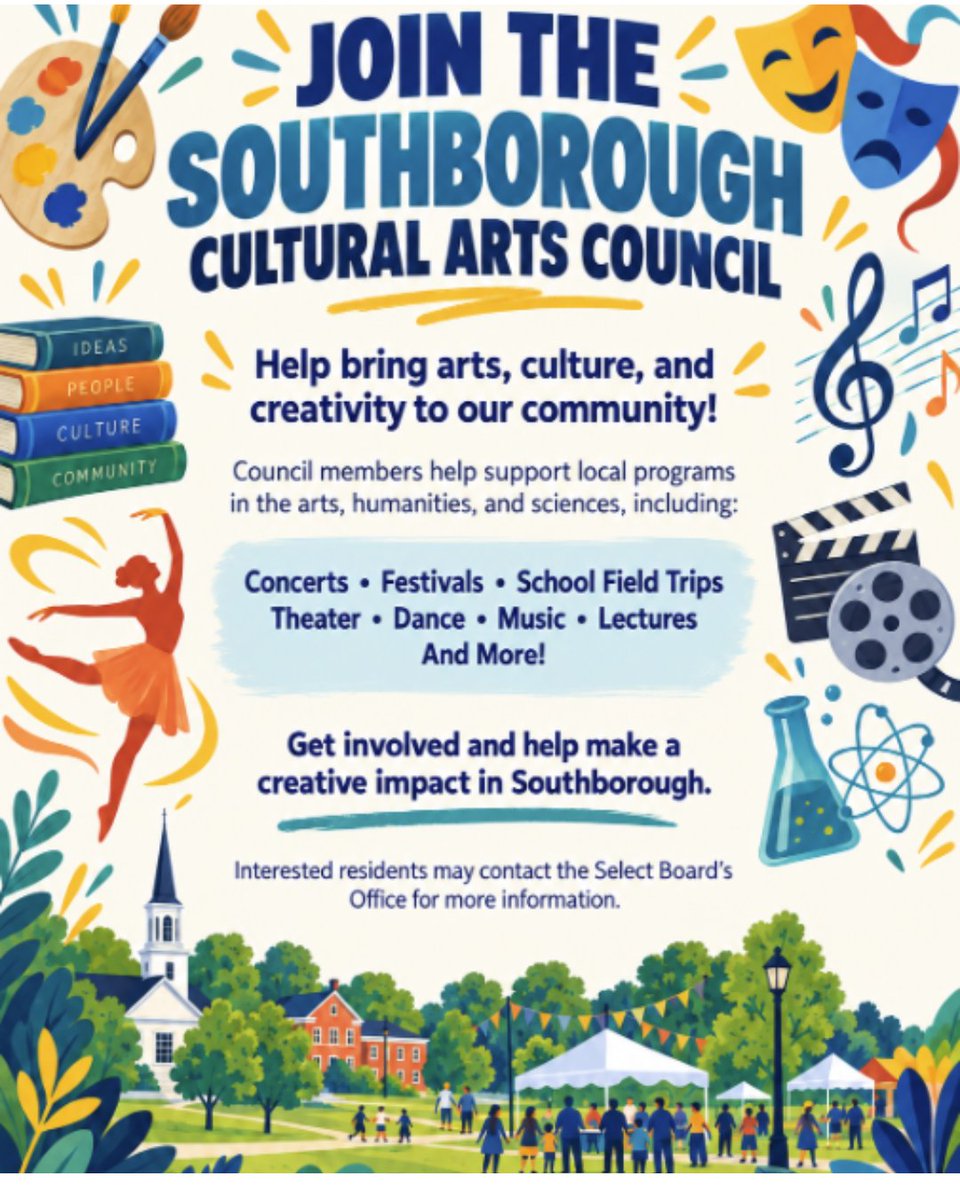 17common's tweet photo. 🎨 Southborough is seeking residents to join the Cultural Arts Council! Help support local concerts, festivals, school field trips, theater, dance, music, lectures and more. Interested? Contact the Select Board’s Office for details. 🎭 #SouthboroughMA https://t.co/PrM2iqbnZW