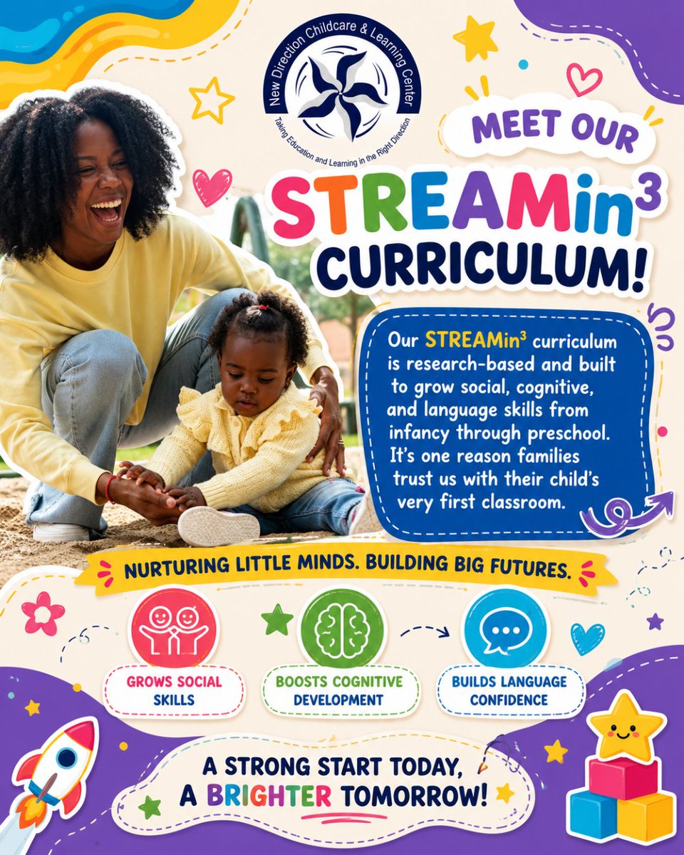 ChildcareNew's tweet photo. #Didyouknow? Our STREAMin³ curriculum is research-based and built to grow social, cognitive, and language skills from infancy through preschool. It's one reason families trust us with their child's very first classroom.
#STREAMin3 #EarlyChildhoodEducation #NewDirectionChildcare https://t.co/d7XaKwllrO