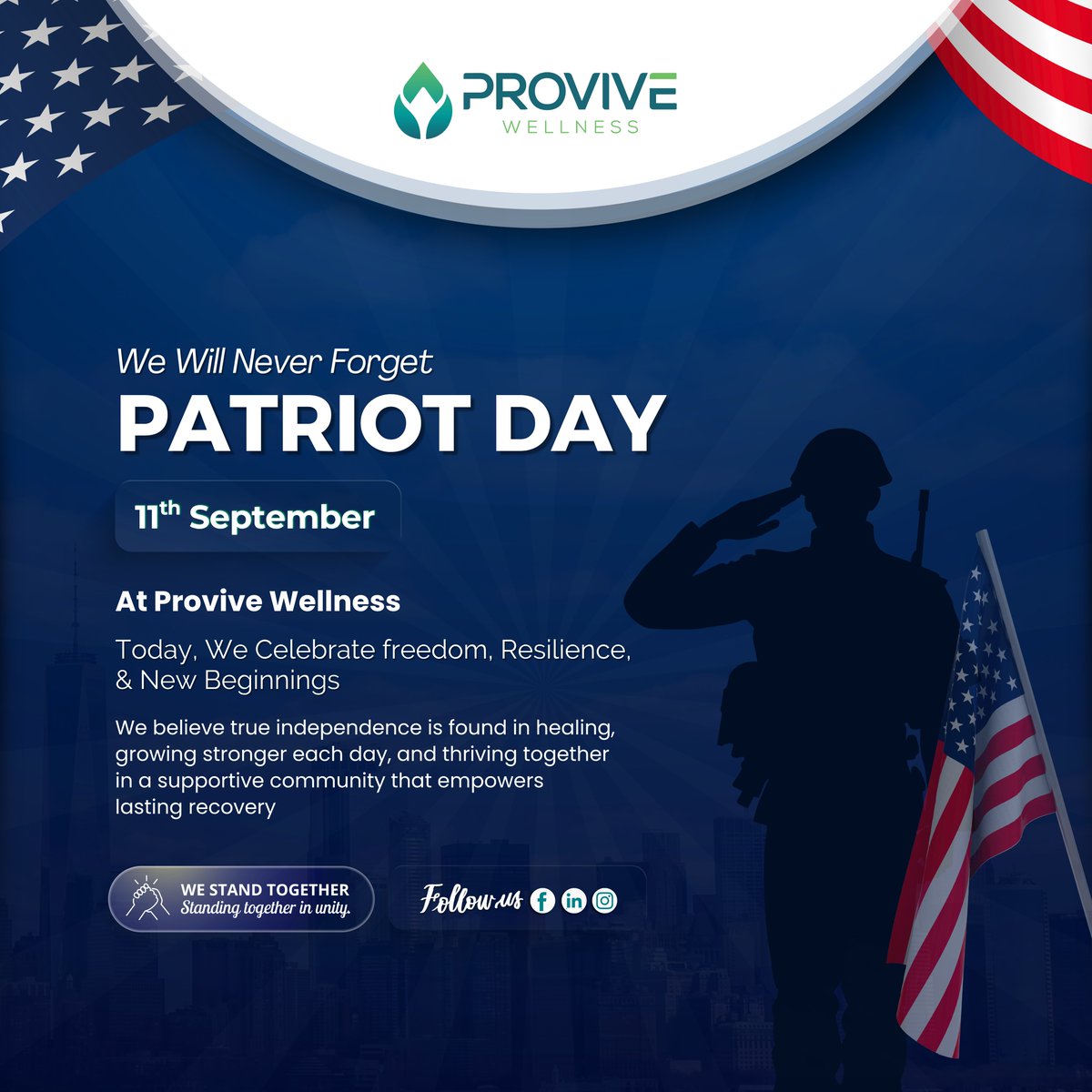 ProviveWellness's tweet photo. Patriot Day 🇺🇸

We will never forget.

Today we honor the lives lost and the heroes who ran toward danger. True strength is found in healing and standing together.

#PatriotDay #NeverForget #911 https://t.co/UDN35f6E3T